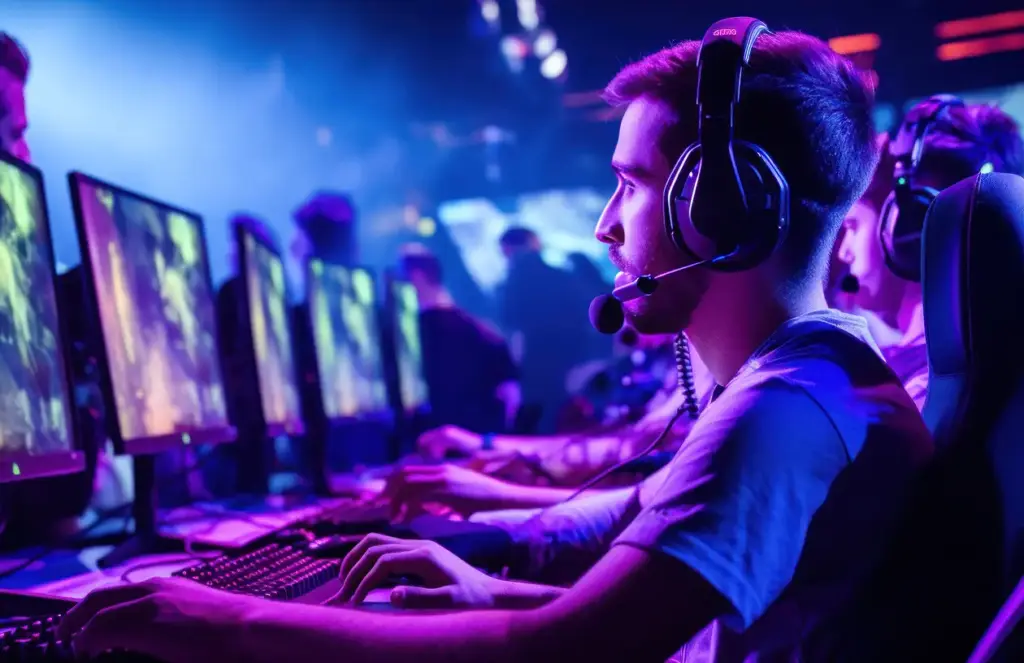 Kilku e-sportowców siedzi z słuchawkami na uszach przed komputerami w jasno oświetlonym, niebiesko-fioletowym klubie.