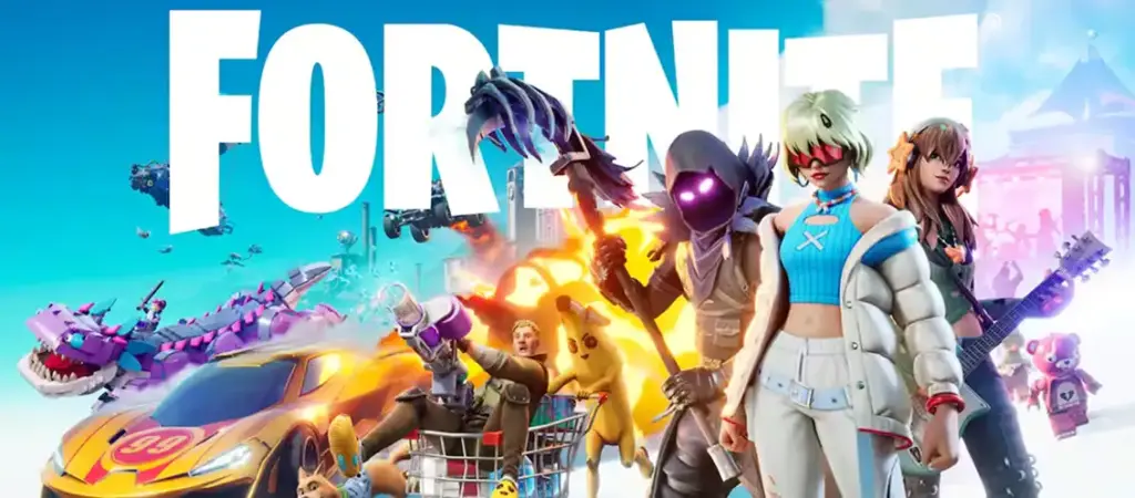 Postacie z Fortnite spadają z nieba na tle kolorowej wyspy i przelatującego autobusu bojowego.